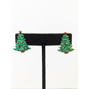 Green Christmas Tree Earrings Clip On Holiday Winter Gold Tone